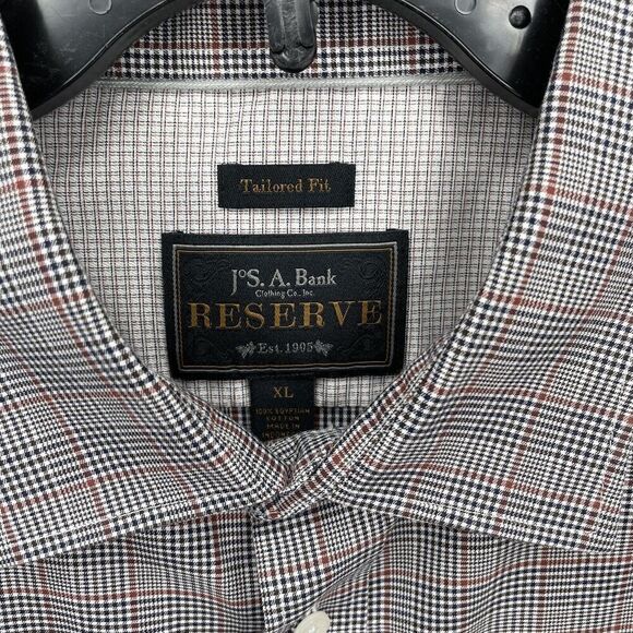 JOS A BANK Shirt Mens XL Tailored Fit Button Up Spread Collar Check Black Tan - Picture 8 of 9